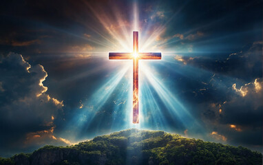 Fototapeta premium god light in heaven symbolizing divine presence, truth, spiritual illumination, God love and grace. Cross-shaped light beams blessing world with heavenly light