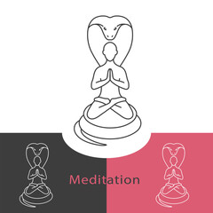 Man in lotus position. Linear logo. Meditating person is sitting on a snake. The cobra blew out its hood. Contour drawing. Art emblem for yoga center, health club, brand name. Vector illustration