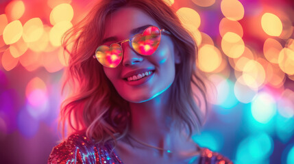 Fototapeta premium beautiful young smiling woman wearing heart shaped glasses on shiny background, party, valentine's day, romance, fashion, love, style, girl, portrait, face, holiday, dancing, club, disco