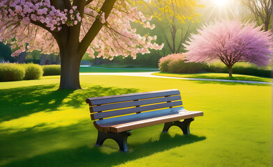 Empty park bench on a vibrant spring day, grass and blooming flowers surrounding, warmth of the sun palpable Generative AI