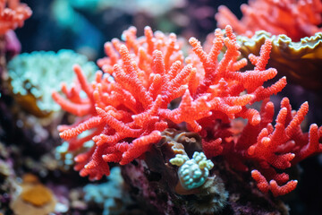 Naklejka na ściany i meble Dive into the heart of the ocean with this close-up of orange and red corals, showcasing the vibrant marine life and biodiversity of tropical reefs.