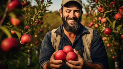 Autumn in Virginia brings the harvest season to life as a joyful farmer engages with nature, picking red apples in an organic orchard setting.