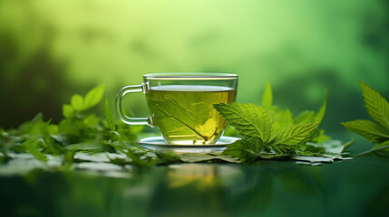 Essence of nature with an organic herbal tea illustration, highlighting the health benefits of green leaves in a natural drink form.