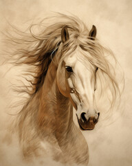 Beautiful Line Pencil Style Horse Sketch with Horses Head and Mane Dancing in the Wind - On Beige/Cream Canvas Background with Aged Vintage Effect - Southwestern Art Aesthetic