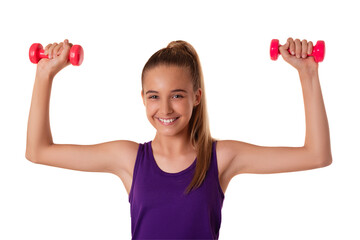 Healthy fitness teen girl doing exercises with dumbbells isolated over white background