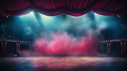 stage with red curtains and pink dust. Generative AI