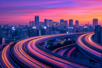 A highway in the city with the city skyline at night .
