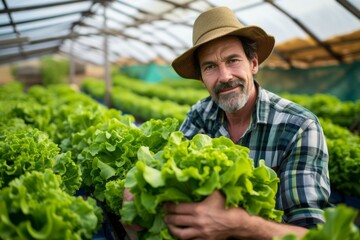 Eco-friendly Greenhouse Farmer with Organic Lettuce Harvest