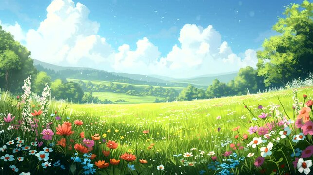 The beauty of a lush, rolling meadow adorned with wildflowers. Anime or cartoon style, Seamless looping 4k time-lapse virtual video animation background