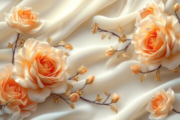 Luxurious 3D wallpaper with jewelry, roses, and butterflies on a silk background. Elegant and high-quality HD mobile wallpaper, featuring gold diamond floral jewelry and beautiful pink rose flowers.