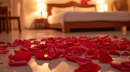 rose petals, bed and candle 