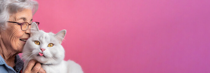 Panorama. Cute close-up image of an senior woman hugging his adorable cat, isolated on pink  background. Panoramic view whit a large blank space for text