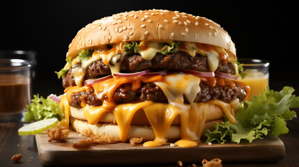 Wide horizontal landscape alignment of fast food banner image of a burger with full of vegetables and meat in black background  