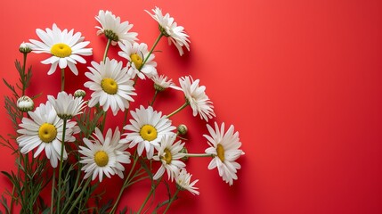 bouquet of chamomile daisy on a red background. Creative still life summer, spring background with copy space.