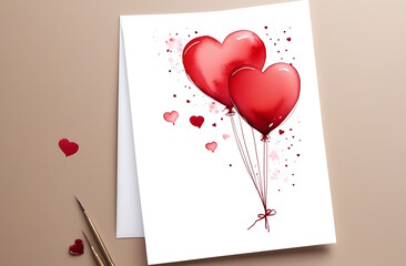 Watercolor drawing of balloons in the form of red hearts on a white sheet with a place to copy. A symbol of love, a symbol of Valentine's day, a symbol of feelings and relationships between people. 