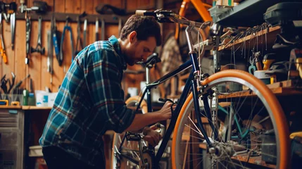 Foto auf Acrylglas Fahrrad A skilled man passionately repairs a vintage bicycle in his well-equipped garage workshop, bringing new life to the classic ride.