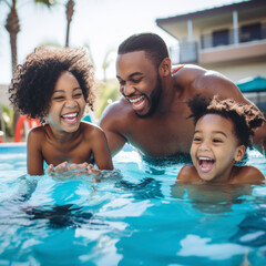 Obraz premium lifestyle photo African American family playing in hotel pool.