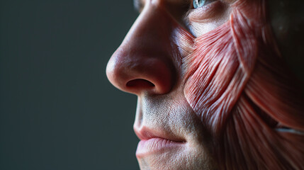 Face close-up. Human anatomy, skin and muscles