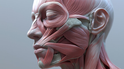 Face close-up. Human anatomy, skin and muscles