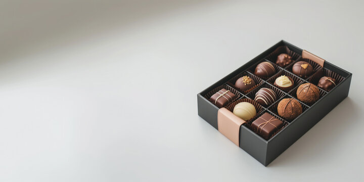 An assortment of delicious handmade artisan chocolate truffles and bonbons in a gift box with a blank label, on a white isolated background with room for text. 