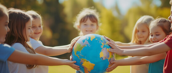 Group children holding planet earth and forming a circle around a globe over nature background. World peace concept