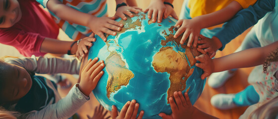 Group children holding planet earth and forming a circle around a globe over nature background. World peace concept - obrazy, fototapety, plakaty