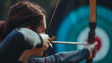 A focused woman sharpens her archery skills, eyes locked on her target in an outdoor range. Unleash her inner warrior with this striking stock image. - obrazy, fototapety, plakaty