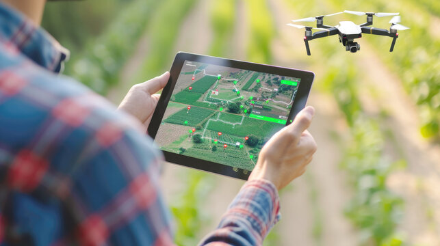 Farmer holds digital screen, drone control technology for agriculture.
