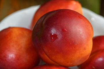 Fototapeta na wymiar Mokre owoce nektarynki z bliska