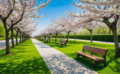 Blossoming cherry trees lining a tranquil park in spring, verdant grass blanketing the ground, empty benches awaiting visitors. Generative AI