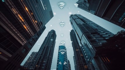 Fototapeta premium City of Connectivity: Wireless Signs Among Skyscrapers