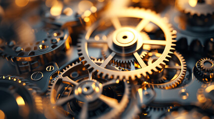 A mesmerizing 3D rendered image of an abstract clockwork mechanism, showcasing intricate gears and cogs in motion. Perfect for designs related to time, technology, innovation, and precision.