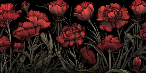 Vintage retro carnation red flowers bloom blossom pattern texture background. Foliage nature drawing painting
