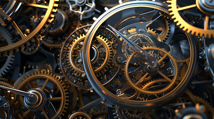 Fototapeta na wymiar A mesmerizing 3D rendered image of an abstract clockwork mechanism, showcasing intricate gears and cogs in motion. Perfect for designs related to time, technology, innovation, and precision.