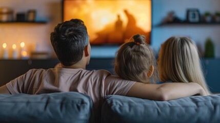 a family of several people sitting on the sofa and watching TV