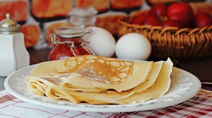 Pancakes on a White Plate Next to a Basket of Eggs