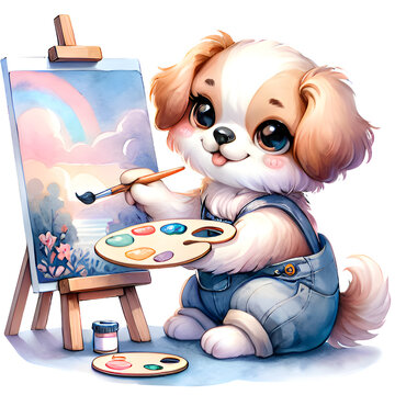 cute watercolor animal is painting artwork like an young artist clipart of dog