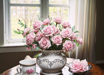 Vintage porcelain tea set with vase with roses created with Generative AI technology