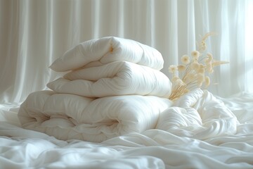 Fototapeta na wymiar White duvet is lying on top of a bed