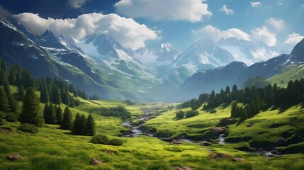Fototapeta na wymiar realistic photo of a beautiful summer afternoon in the mountains. trees on the hill with green leaves. sunny weather with fluffy clouds in the sky. generative ai