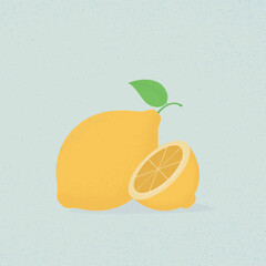Vector illustration of yellow fruit in the form of a lemon fruit with a leaf and half a lemon on a color background..