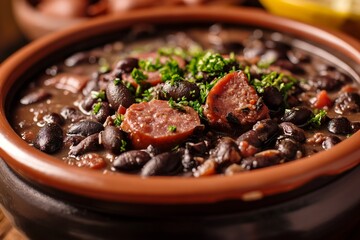 Close up view of traditional Brazilian dish feijoada in brown clay bowl