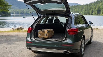 Rear view of the car open trunk .The exterior of a modern, modern car empty trunk. Generative ai