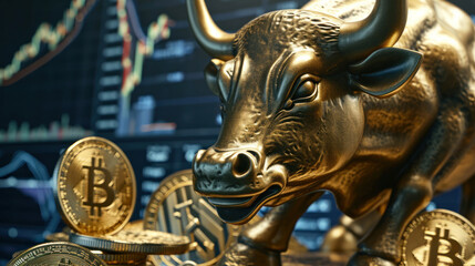 A golden bull sculpture symbolizes bullish strength in the financial market, with a focus on cryptocurrency as Bitcoin coins are prominently featured in the foreground against a backdrop of stock mark