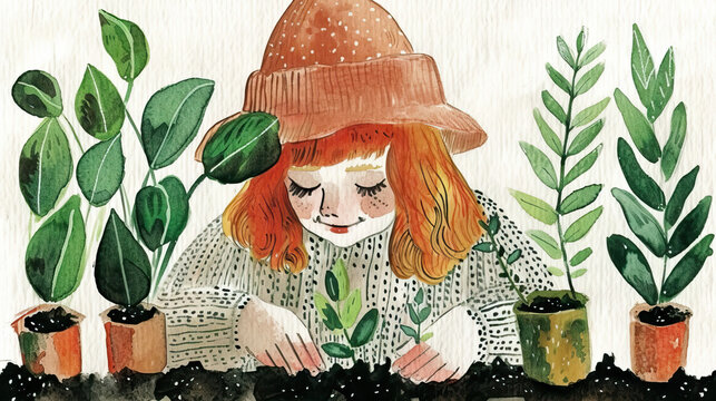 Garden Growth: A Cute Kid Planting a Seed in the Garden, Embracing Nature's Cycle of Growth. Watercolor.
