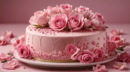 Pink cake with heart and flowers. AI