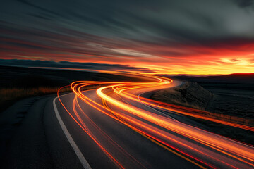 Obraz premium At dusk, the car's light rail lights up on the rural highways.