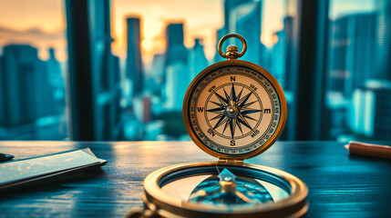 Antique compass on a vintage map, capturing the essence of old-world travel and discovery with a retro navigational theme
