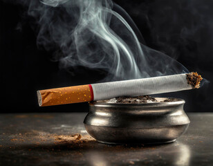 Detail of a smoking cigarette resting on the ashtray on a dark background. Smoking and healthcare concept. Increase in cigarette prices. Copy Space and Growth Concept.