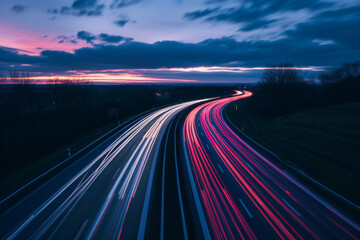 At dusk, the car's light rail lights up on the rural highways. - obrazy, fototapety, plakaty